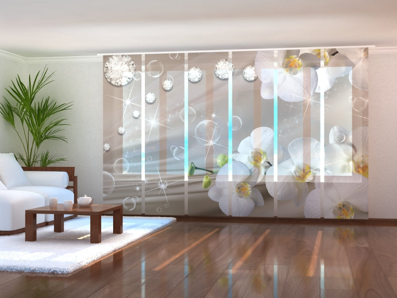 Tiptophomedecor Set of 6 Panel Blinds Orchids and Rhinestones on Beige Silk 2