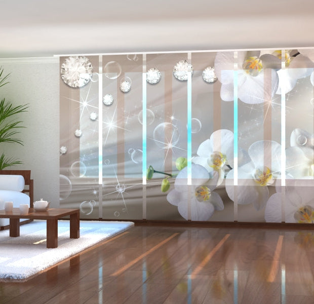 Tiptophomedecor Set of 6 Panel Blinds Orchids and Rhinestones on Beige Silk 2