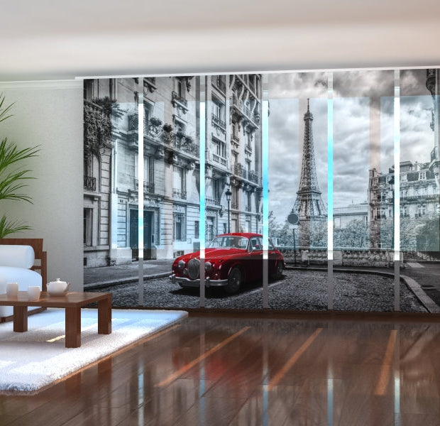 Tiptophomedecor Set of 6 Panel Blinds Red Retro Limousine on the Street of Paris