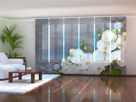 Tiptophomedecor Set of 6 Panel Blinds White Orchids on Gray Marble