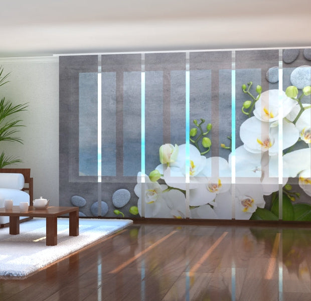 Tiptophomedecor Set of 6 Panel Blinds White Orchids on Gray Marble