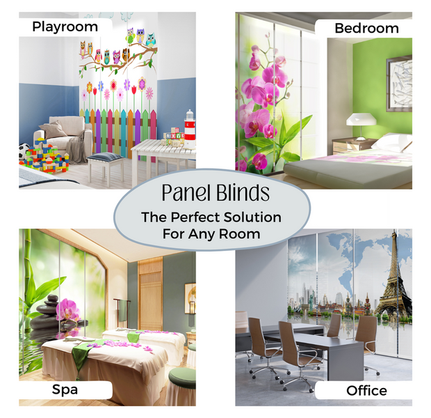 Description Set of 4 Sliding Panel Track Blinds Sunbeams In The Forest