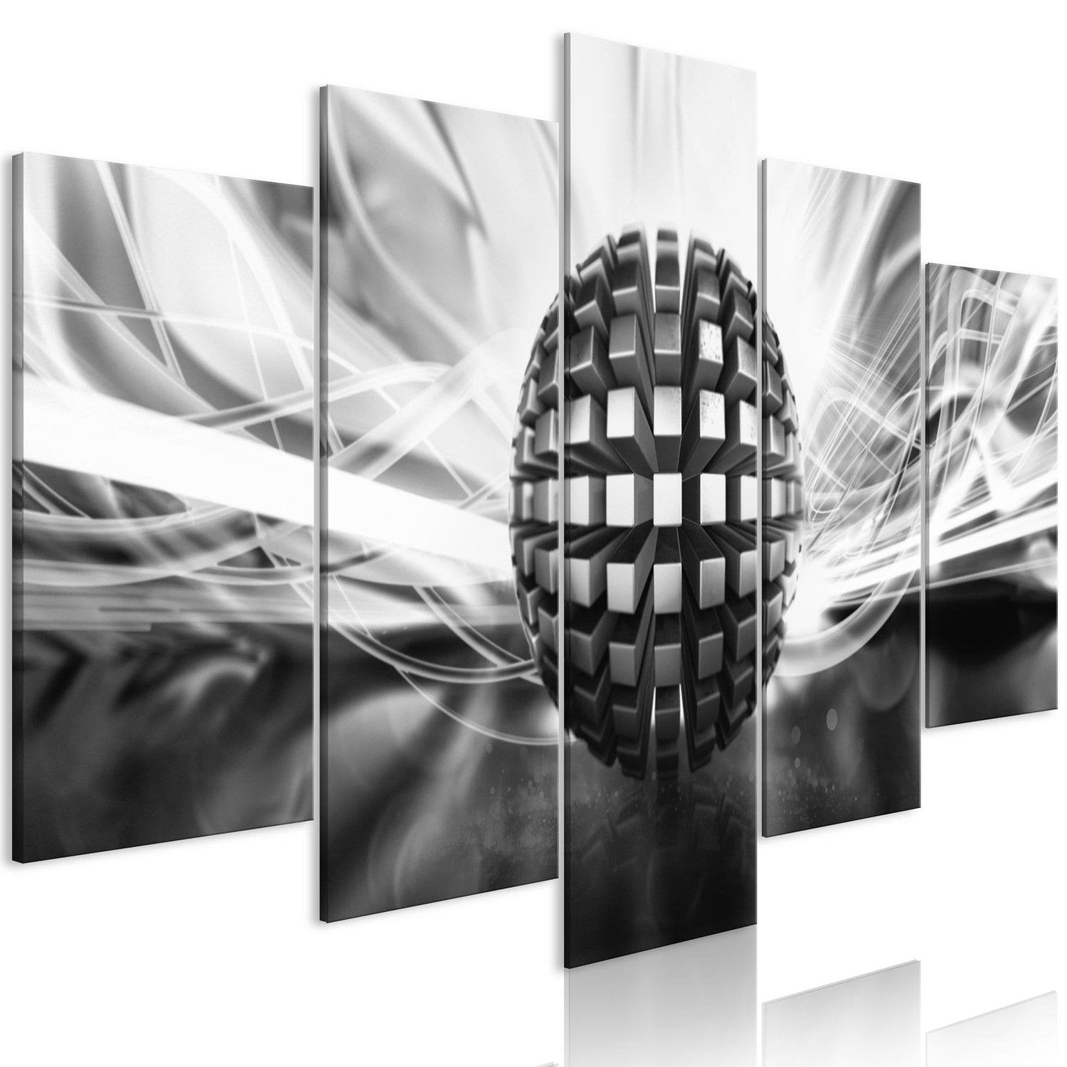 Abstract Stretched Canvas Art - Metal Ball Black And White 5 Piece-Tiptophomedecor