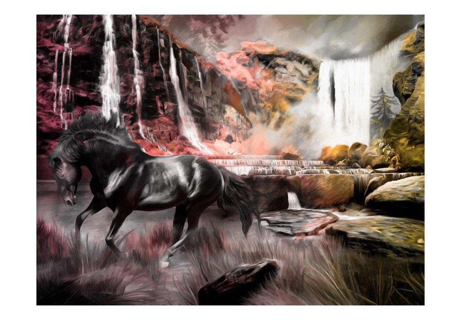 Wall mural - Black horse by a waterfall-TipTopHomeDecor
