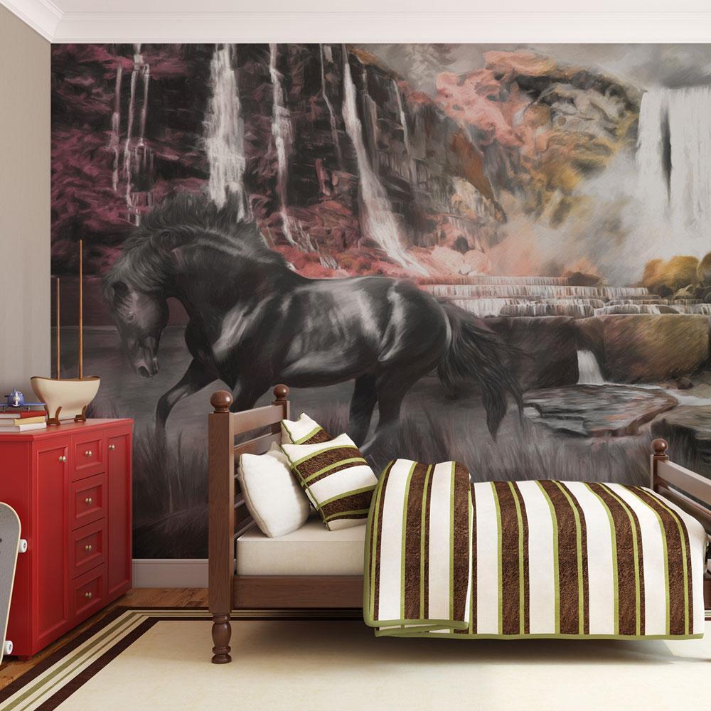 Wall mural - Black horse by a waterfall-TipTopHomeDecor