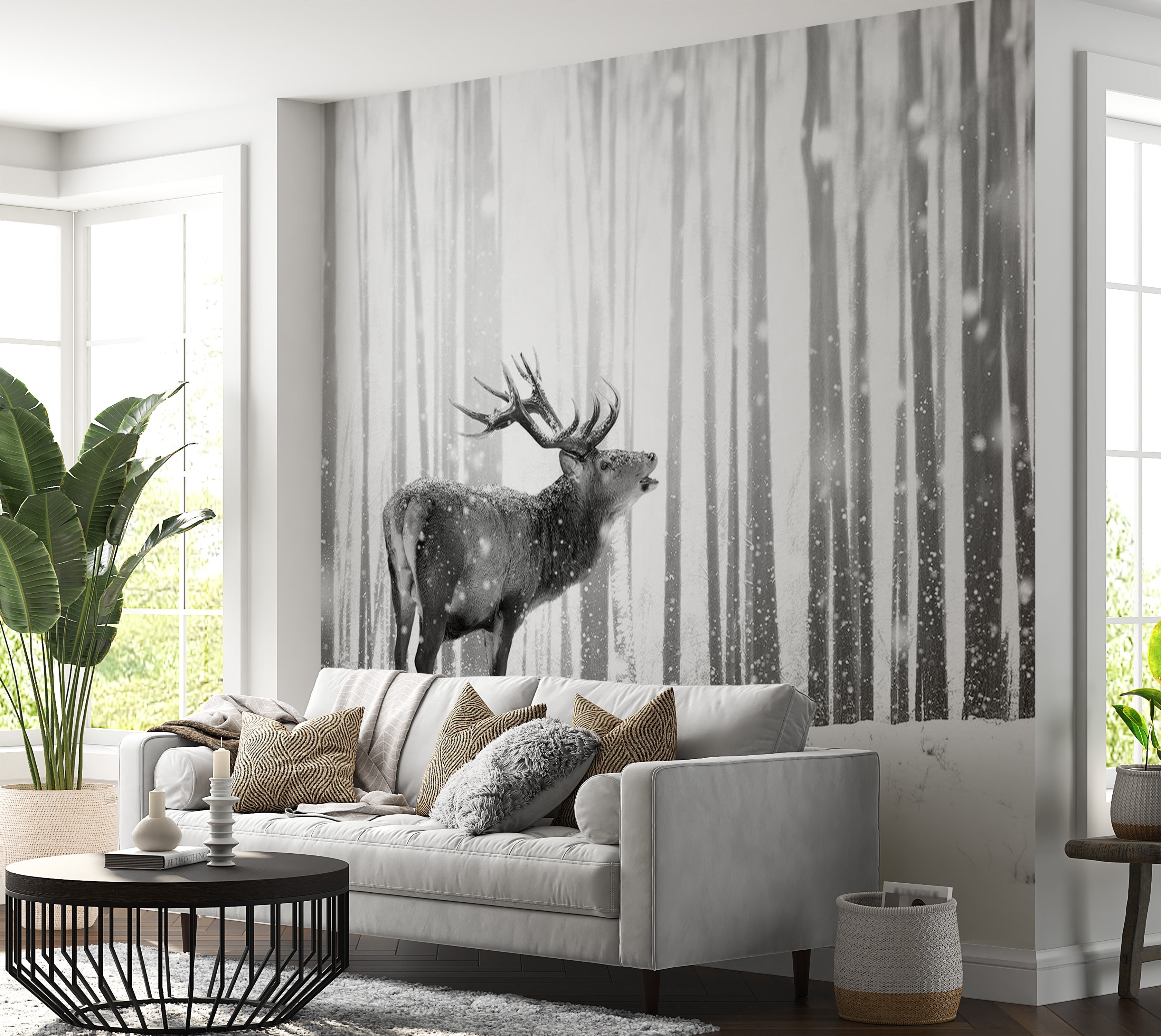 Animal Wall Mural - Deer In The Snow Black And White-Tiptophomedecor