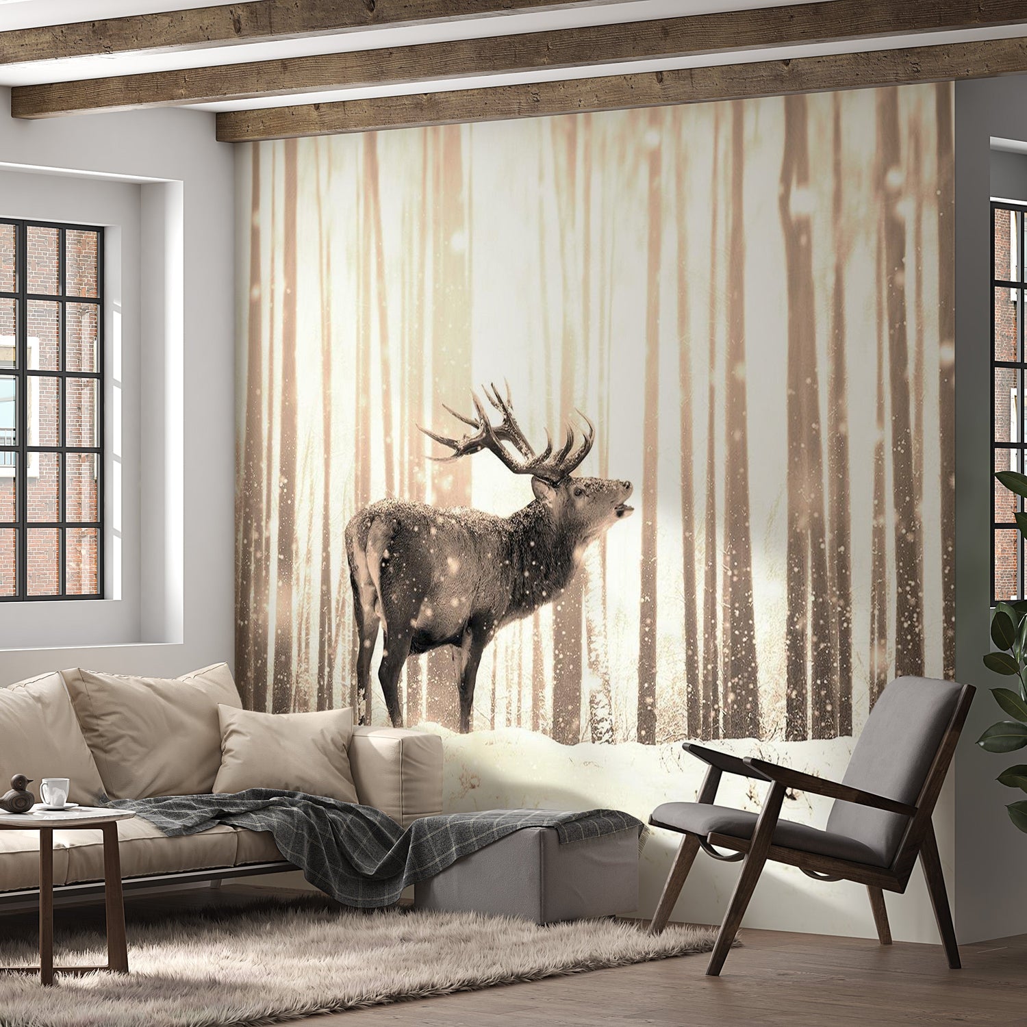 Animal Wall Mural - Deer In The Snow Sepia-Tiptophomedecor