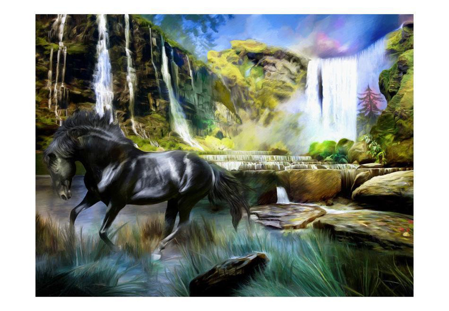Wall mural - Horse on the background of sky-blue waterfall-TipTopHomeDecor