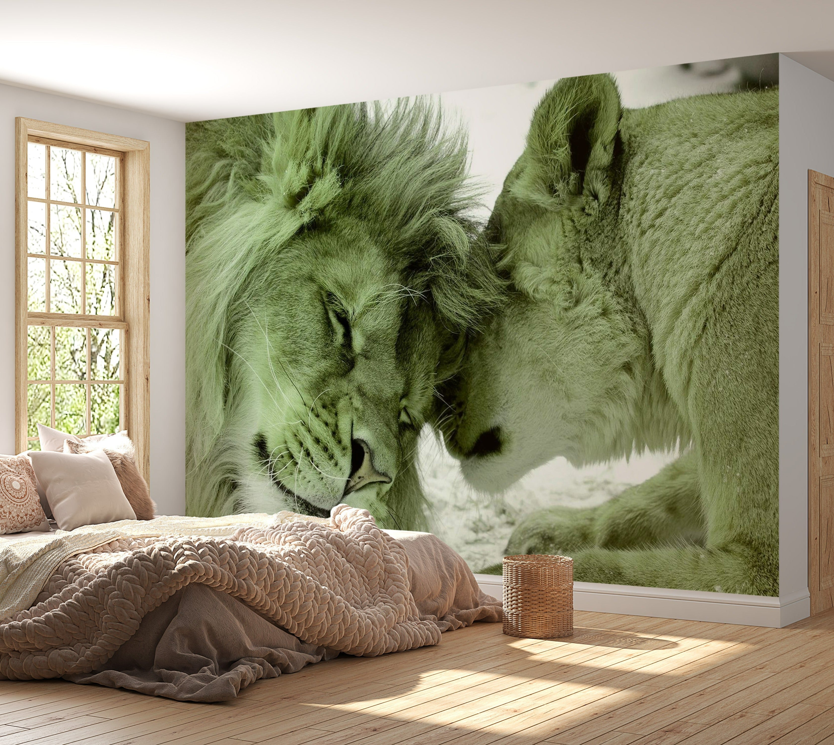 Animal Wall Mural - Lion Tenderness Green-Tiptophomedecor