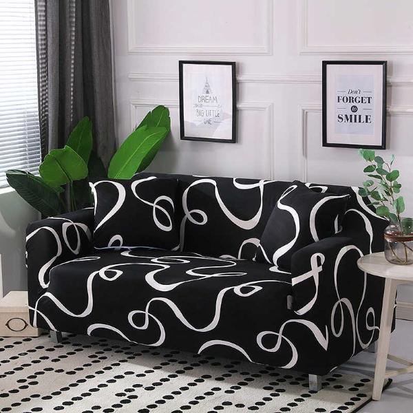 Black White Curling Lines Sofa Cover