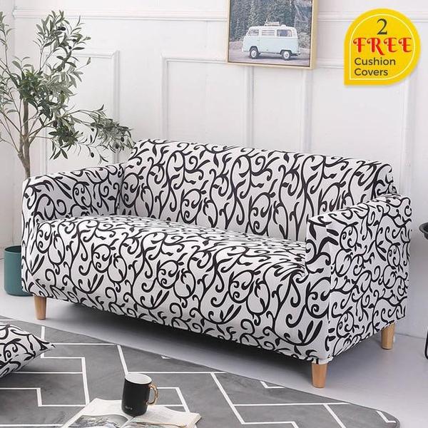 Black White Curly Leaves Design Stretch Sofa Cover-Tiptophomedecor-Interior-Design-Home-Decor