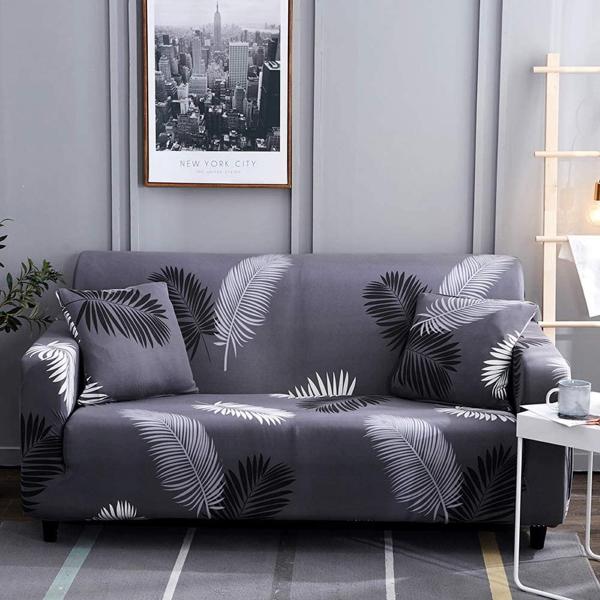 Black White Feathers Stretch Sofa Cover