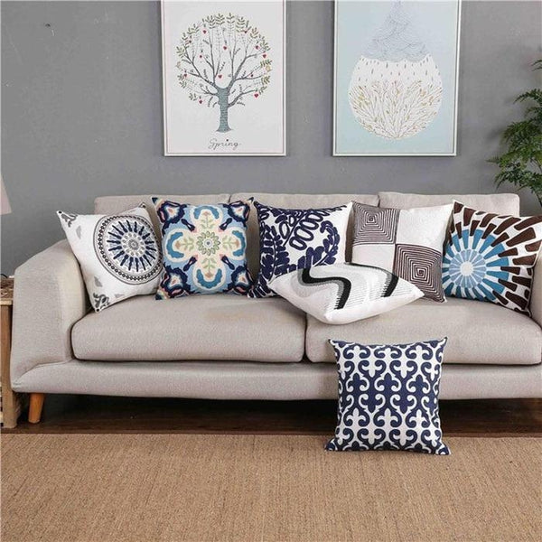 Blue Mandala Flower Geometric Embroidered Cushion Covers-TipTopHomeDecor