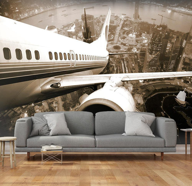 Wall mural - Airplane taking off from the city-TipTopHomeDecor