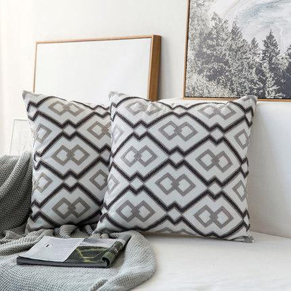 Embroidered Light Grey Geometric Pattern Cushion Covers-Tiptophomedecor-Interior-Design-Home-Decor