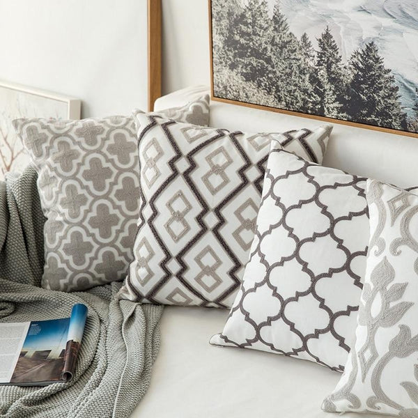 Embroidered Light Grey Geometric Pattern Cushion Covers-Tiptophomedecor-Interior-Design-Home-Decor