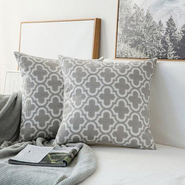 Embroidered Light Grey Geometric Pattern Cushion Covers-Tiptophomedecor-Interior-Design-Home-Decor