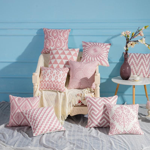 Embroidered Soft Pink Geometric Throw Pillow Cases-Tiptophomedecor