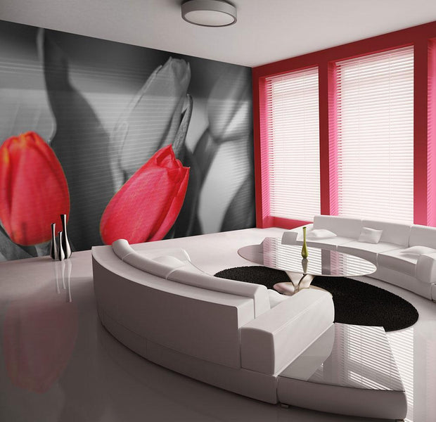 Wall mural - Red tulips on black and white background-TipTopHomeDecor
