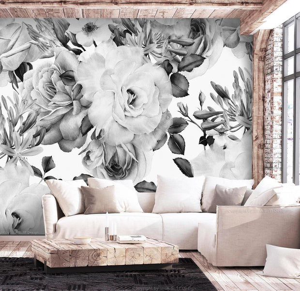 Floral Wall Mural - Sentimental Garden Black & White-Tiptophomedecor