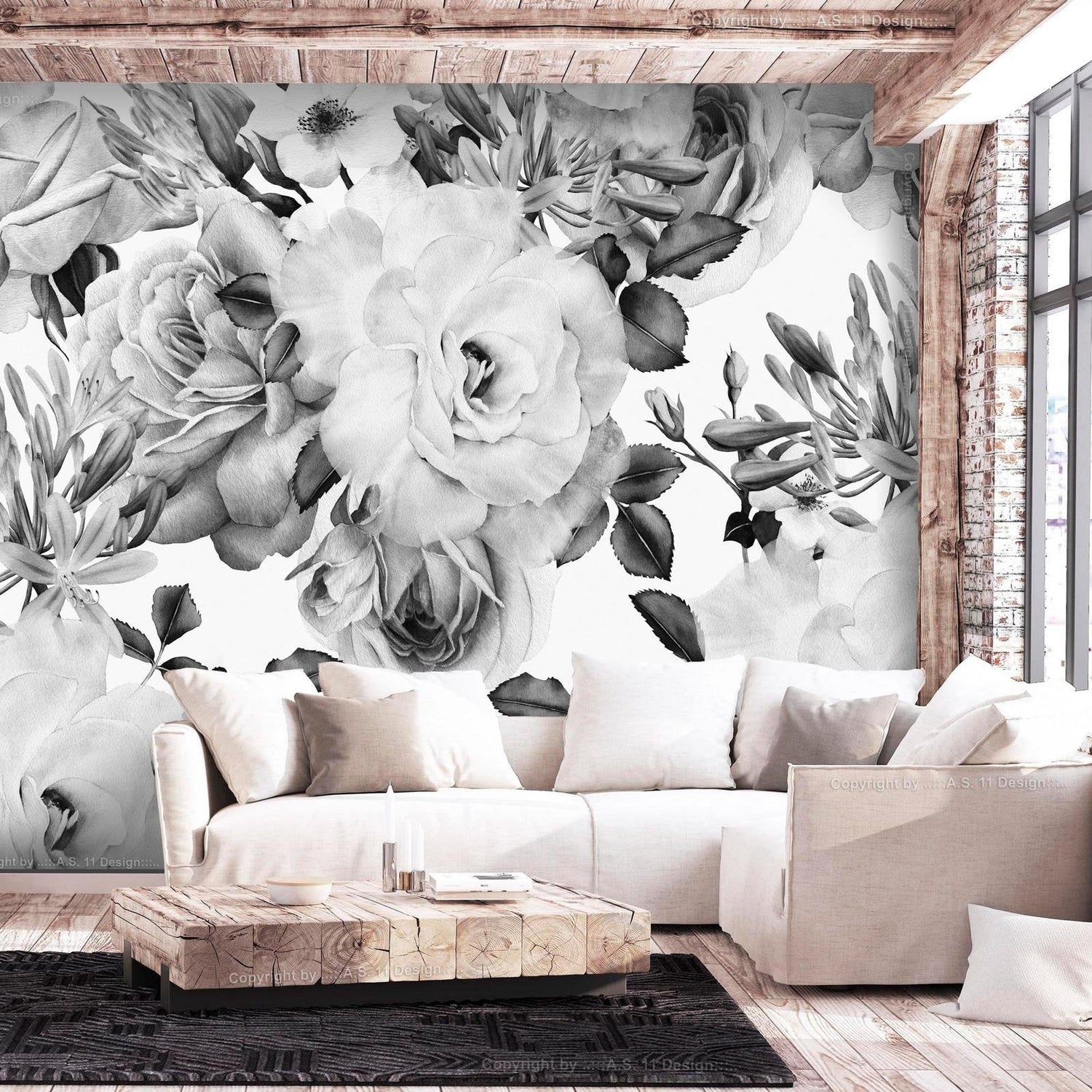Floral Wall Mural - Sentimental Garden Black & White-Tiptophomedecor