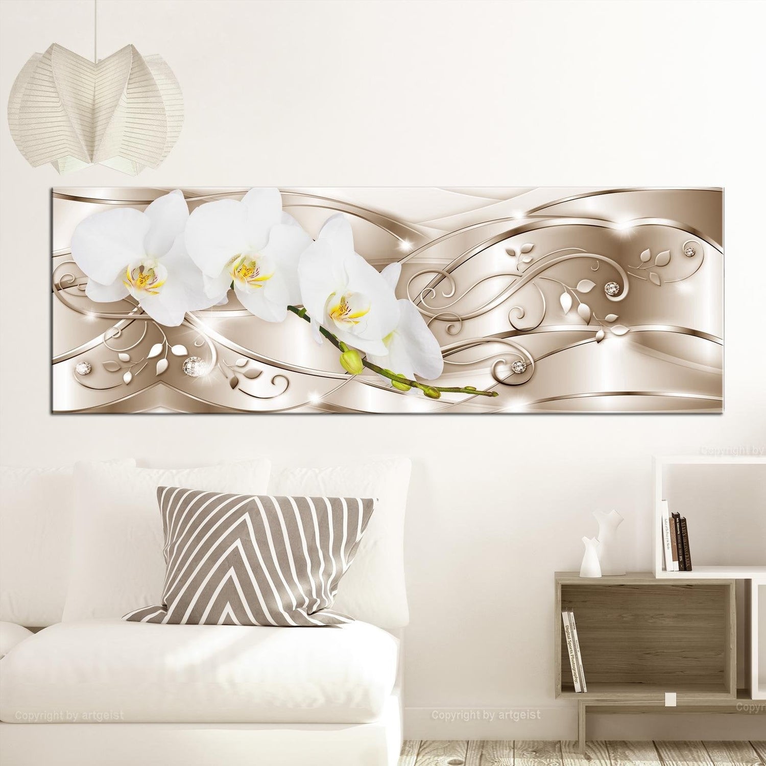 Glamour Stretched Canvas Art - Flowering Narrow Beige-Tiptophomedecor