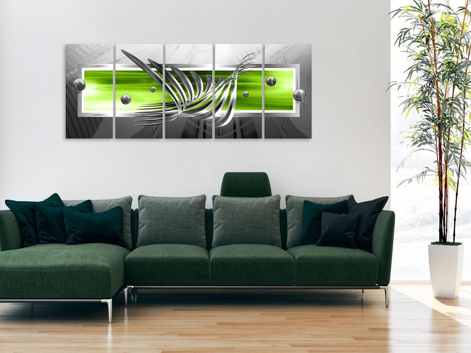 Glamour Stretched Canvas Art - Silver Wings Narrow Green-Tiptophomedecor