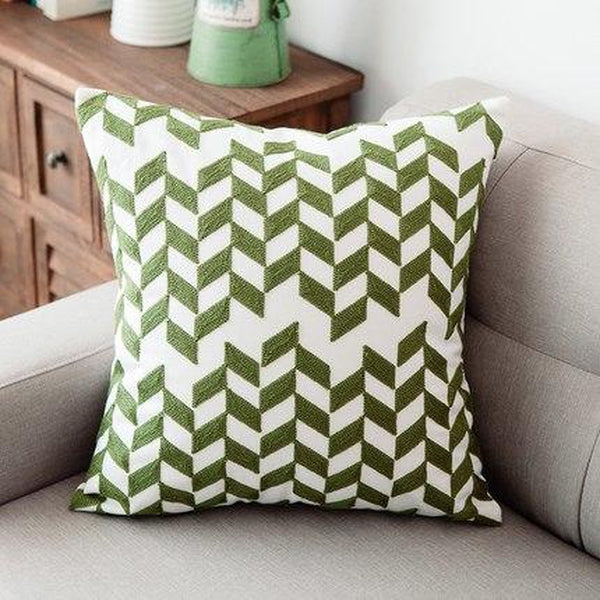 Green Geometric Embroidered Cotton Pillow Covers-Tiptophomedecor-Interior-Design-Home-Decor