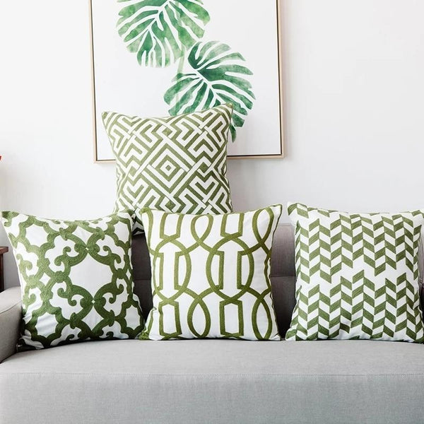 Green Geometric Embroidered Cotton Pillow Covers-Tiptophomedecor-Interior-Design-Home-Decor