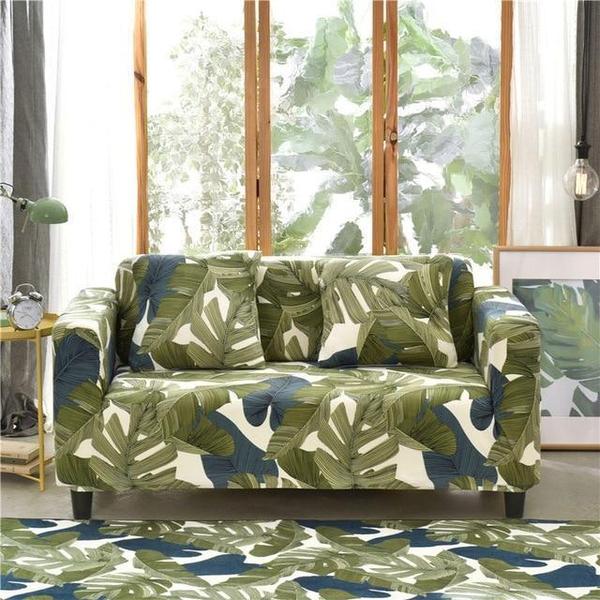 Green Grey Botanical Jungle Leaves Stretch Sofa Slip Cover-TipTopHomeDecor