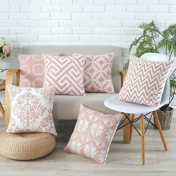 Grey Soft Pink Embroidered Geometric Cushion Covers-Tiptophomedecor-Interior-Design-Home-Decor