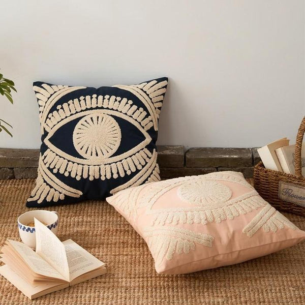 Ivory Navy Cotton Thread Embroidered Bohemian Eye Cushion Covers-TipTopHomeDecor
