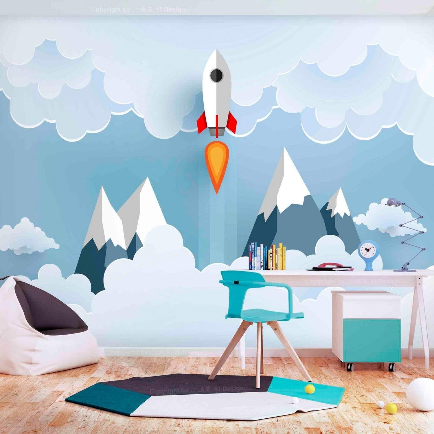 Kids Wall Mural - Rocket In The Clouds-Tiptophomedecor