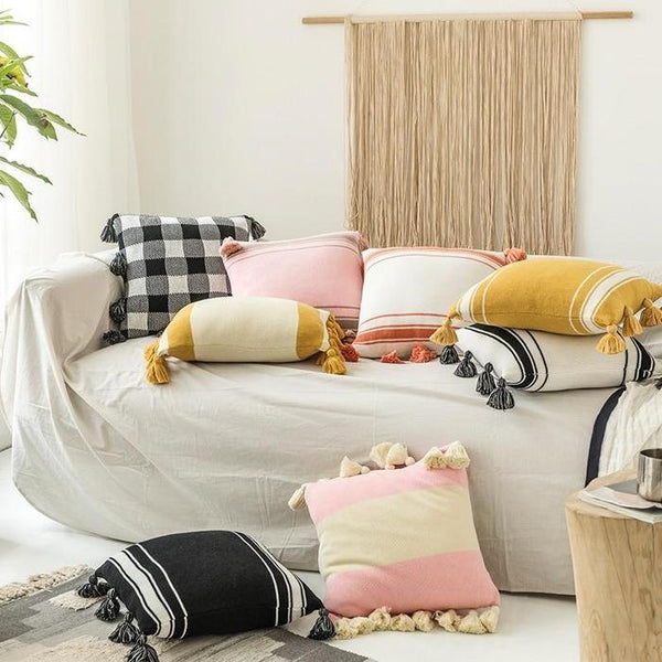 Knitted Fringed Tassels Elegant Striped Cotton Thread Nordic Pillow Covers-TipTopHomeDecor