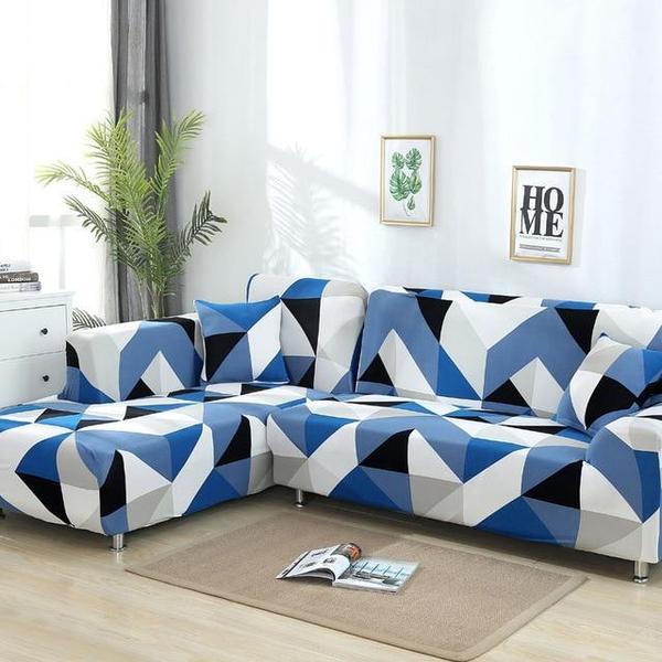Blue Black White Abstract Modern Loft Pattern Stretch Sofa Slip Cover-TipTopHomeDecor