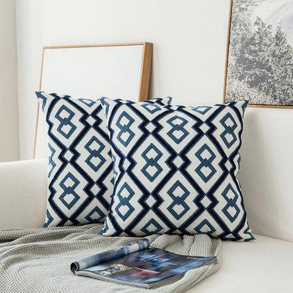 Navy Blue Geometric Pattern Embroidered Cushion Covers-Tiptophomedecor-Interior-Design-Home-Decor