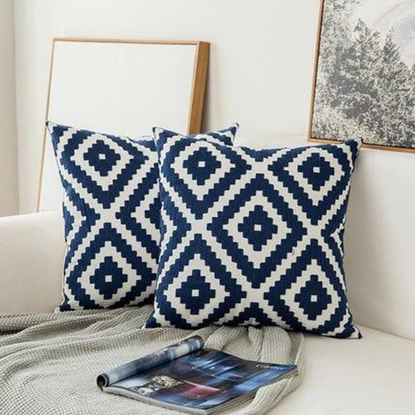 Navy Blue Geometric Pattern Embroidered Cushion Covers-Tiptophomedecor-Interior-Design-Home-Decor