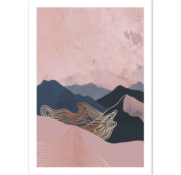 Dark Blue Blush Mid Century Landscape Poster 02