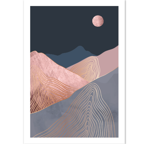 Dark Blue Blush Mid Century Landscape Poster 03