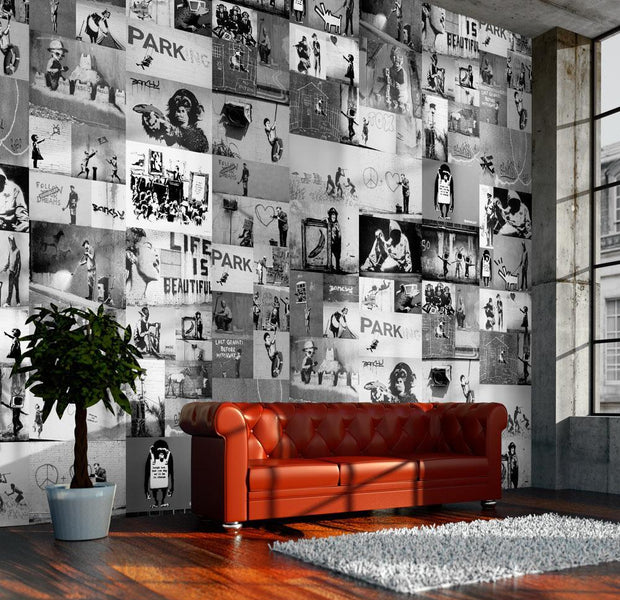 Wall mural - Banksy - grey collage-TipTopHomeDecor