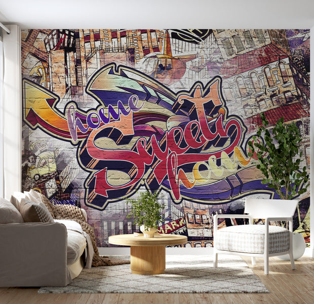 Peel & Stick Street Art Wall Mural - Home Sweet Home Graffiti - Removable Wall Decals