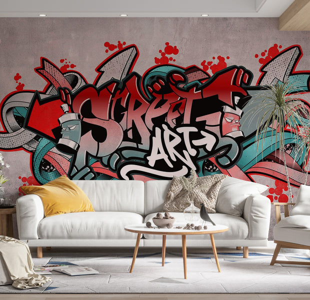 Peel & Stick Street Art Wall Mural - Red Blue Graffiti - Removable Wall Decals