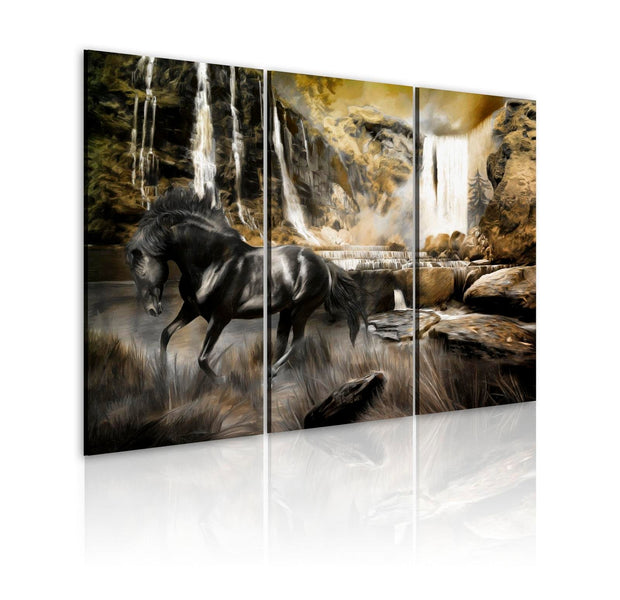 Stretched Canvas Animal Art - Black Horse And Rocky Waterfall-Tiptophomedecor