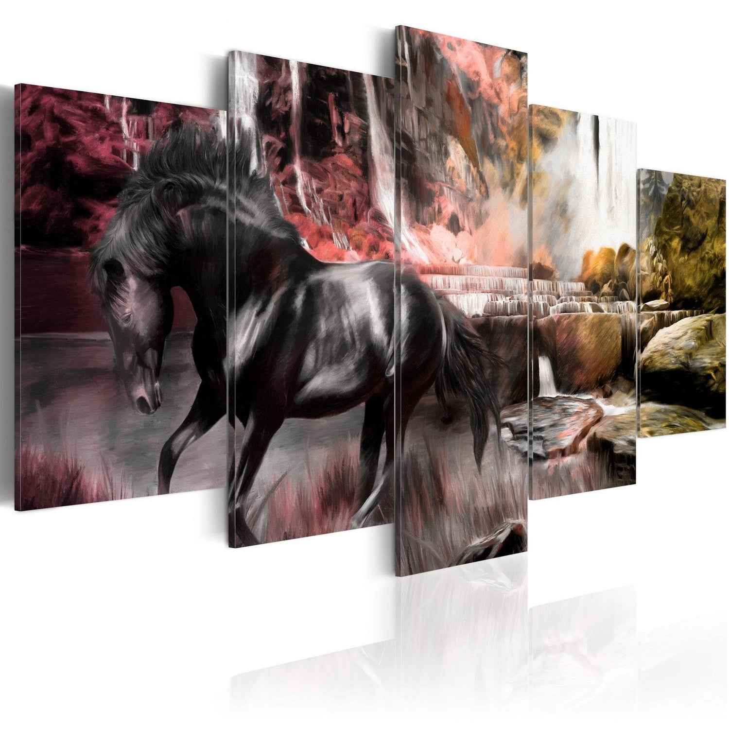 Stretched Canvas Animal Art - Black Horse On Crimson Sky Background-Tiptophomedecor