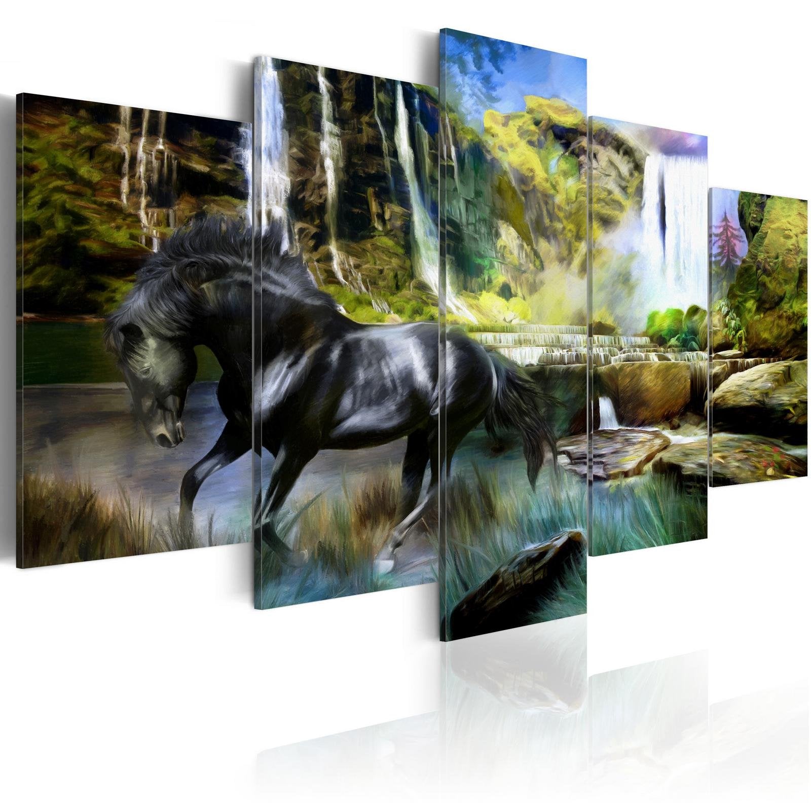 Stretched Canvas Animal Art - Black Horse On The Background Of Paradise Waterfall-Tiptophomedecor