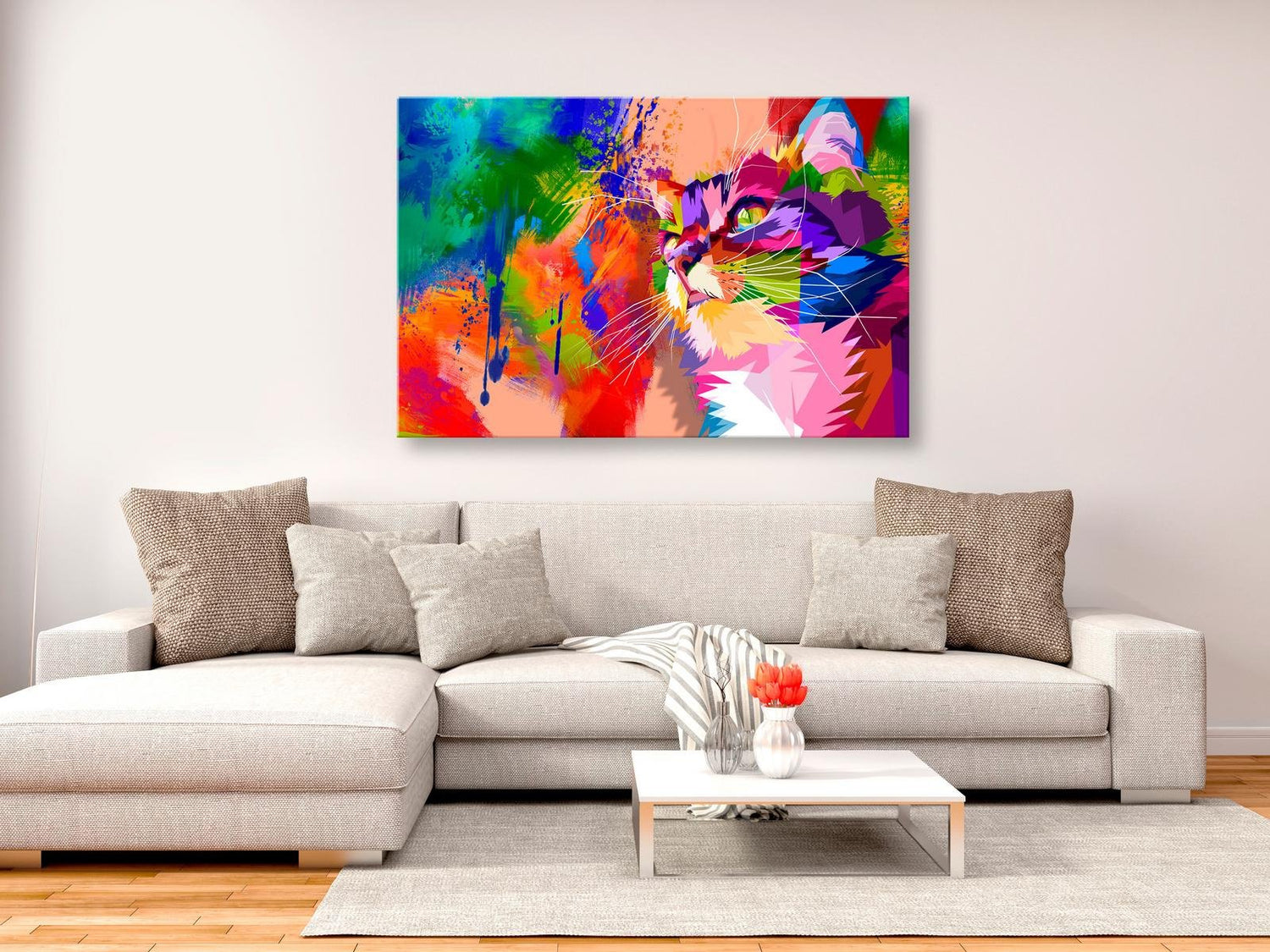 Stretched Canvas Animal Art - Colourful Cat Wide-Tiptophomedecor