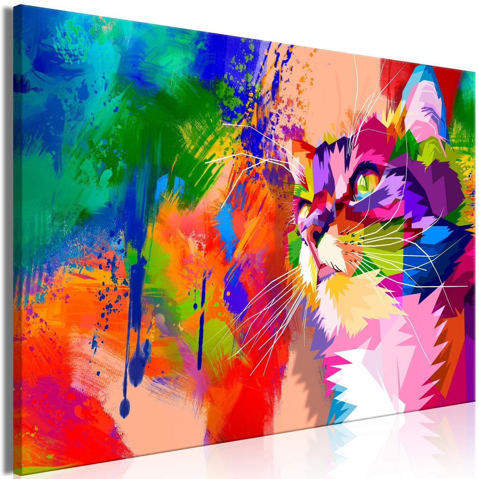 Stretched Canvas Animal Art - Colourful Cat Wide-Tiptophomedecor