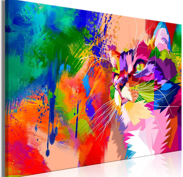 Stretched Canvas Animal Art - Colourful Cat Wide-Tiptophomedecor