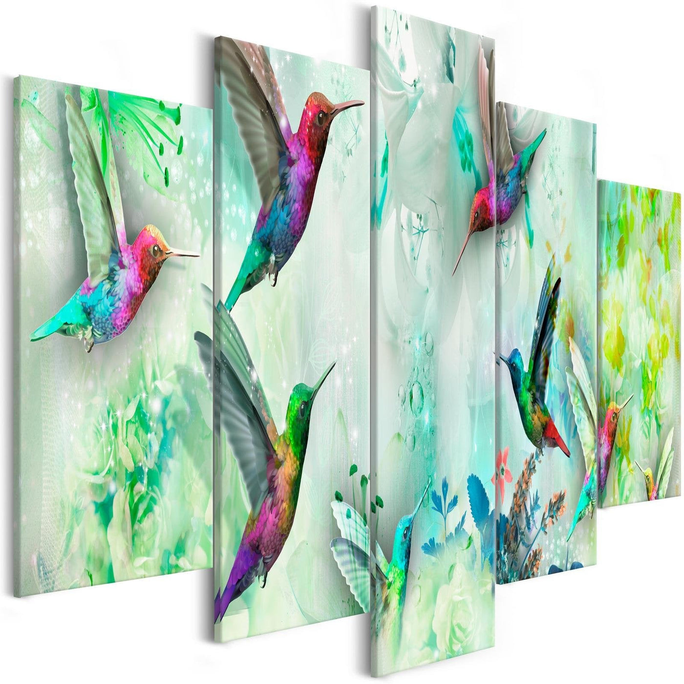 Stretched Canvas Animal Art - Colourful Hummingbirds Green 5 Piece-Tiptophomedecor