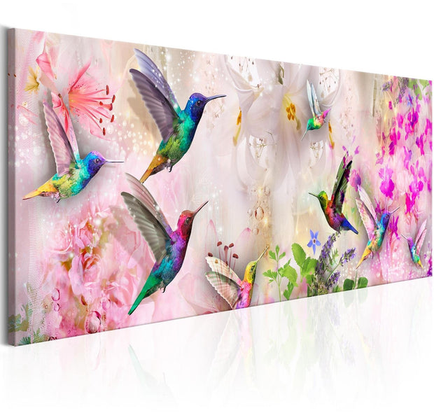 Stretched Canvas Animal Art - Colourful Hummingbirds Narrow-Tiptophomedecor